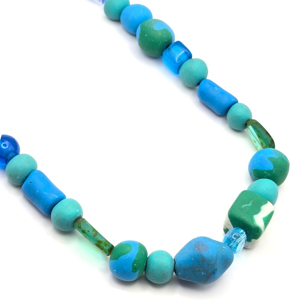 Handmade‎ Blue Green Beaded Necklace Polymer Clay Glass Mixed Media 14 Inch